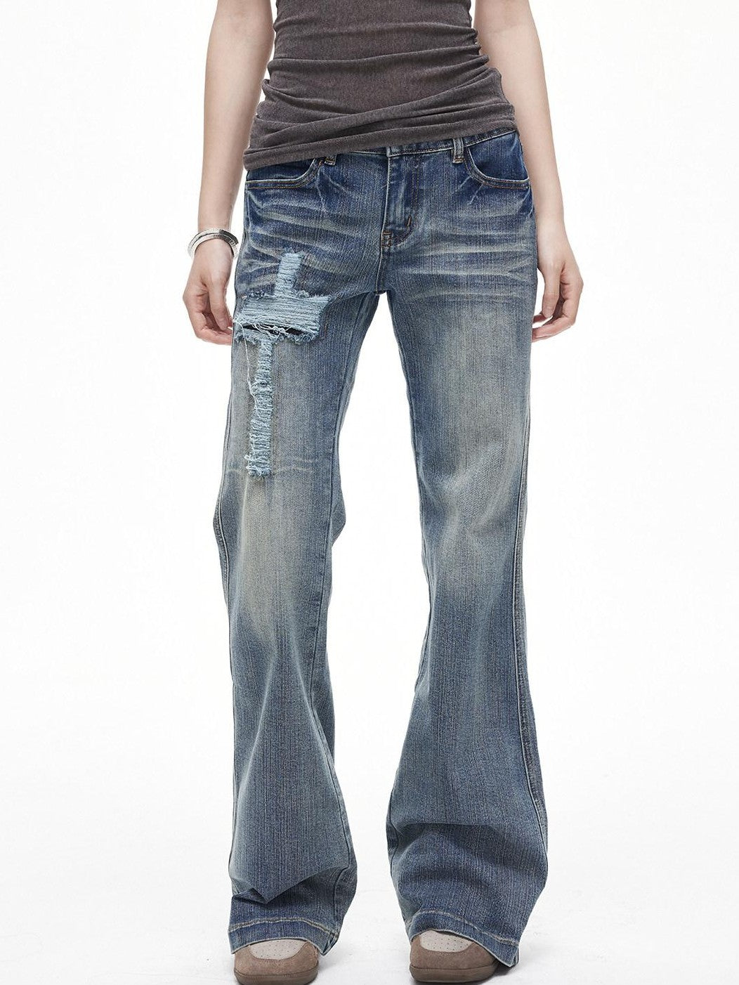 3MODE Vintage Washed Ripped Cross Low Waist Women&