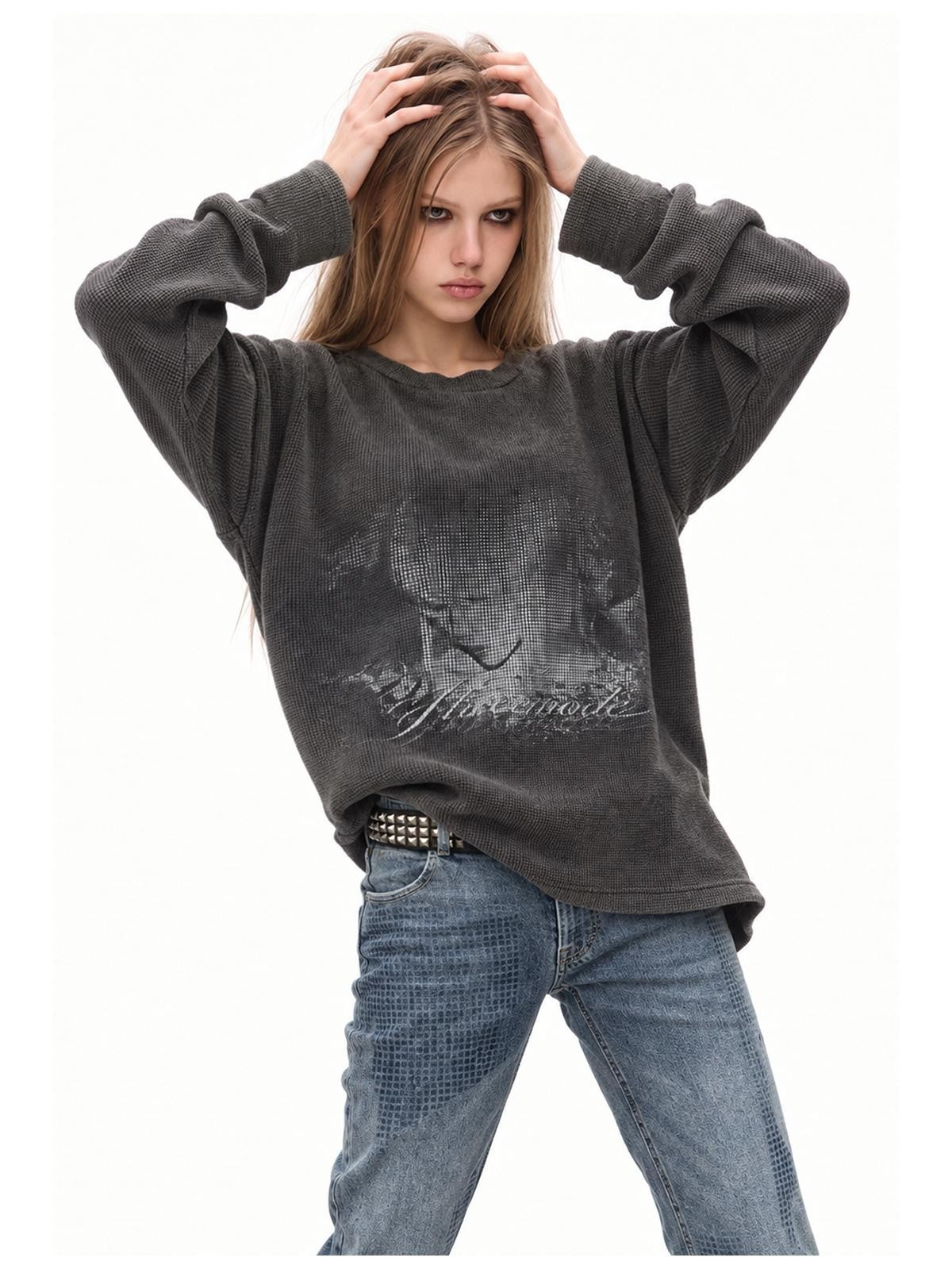 3MODE Vintage Washed Waffle Print Textured Loose Women&