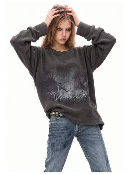 3MODE Vintage Washed Waffle Print Textured Loose Women&