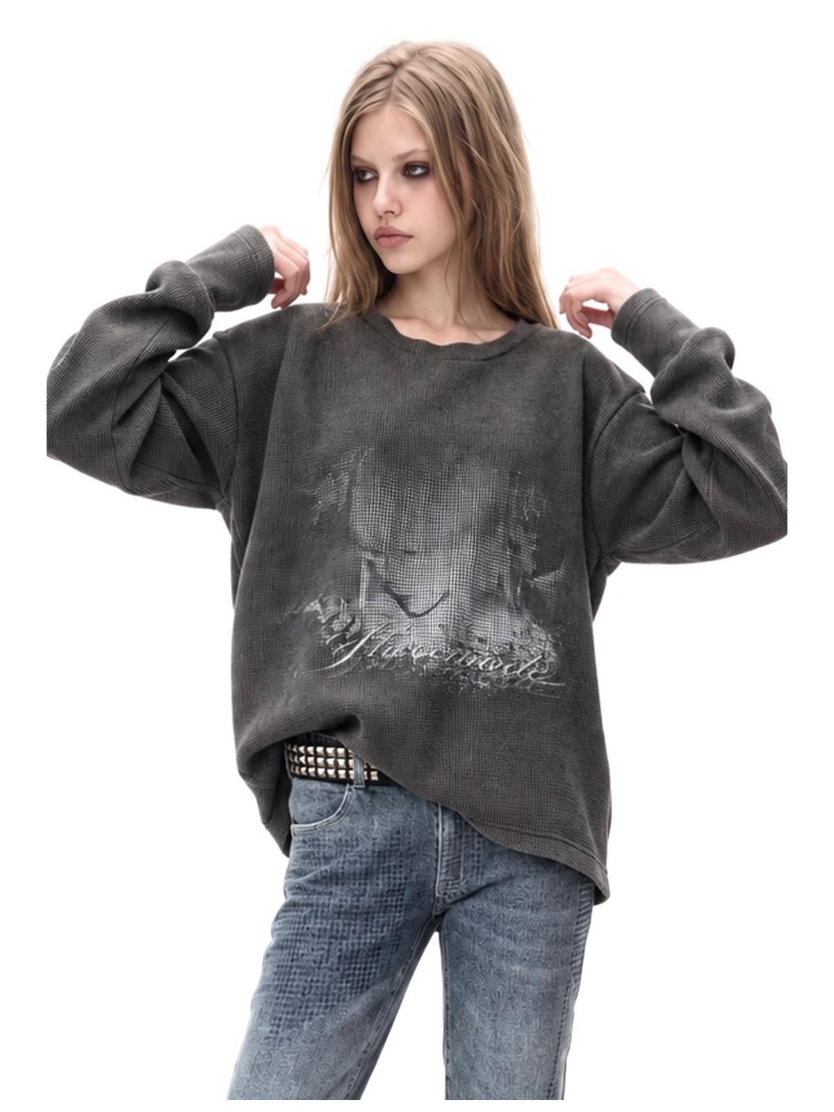 3MODE Vintage Washed Waffle Print Textured Loose Women&