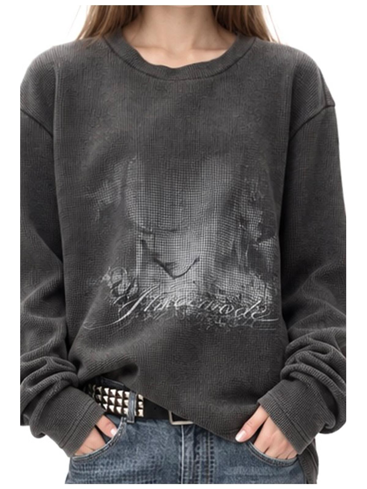 3MODE Vintage Washed Waffle Print Textured Loose Women&