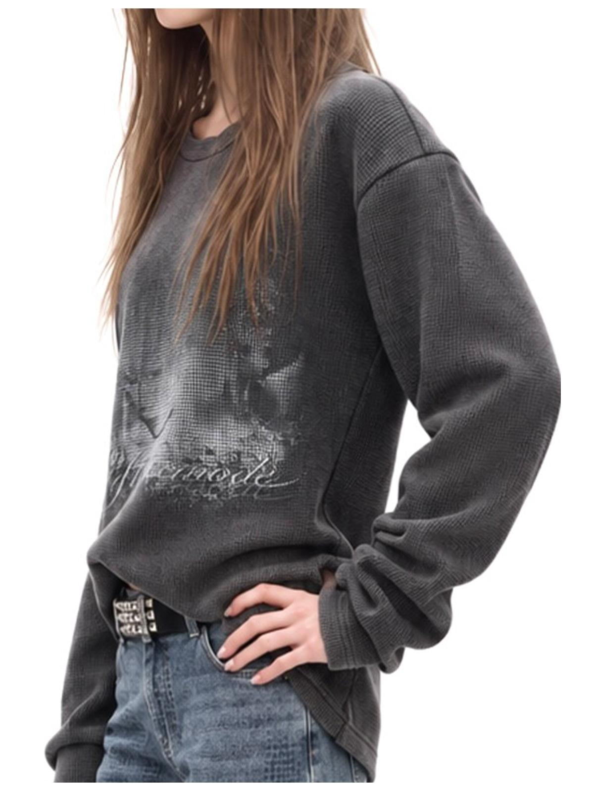3MODE Vintage Washed Waffle Print Textured Loose Women&