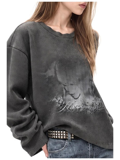 3MODE Vintage Washed Waffle Print Textured Loose Women&