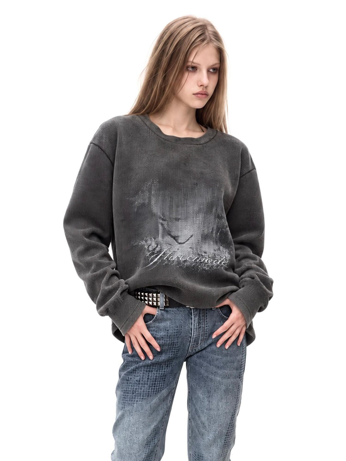 3MODE Vintage Washed Waffle Print Textured Loose Women&