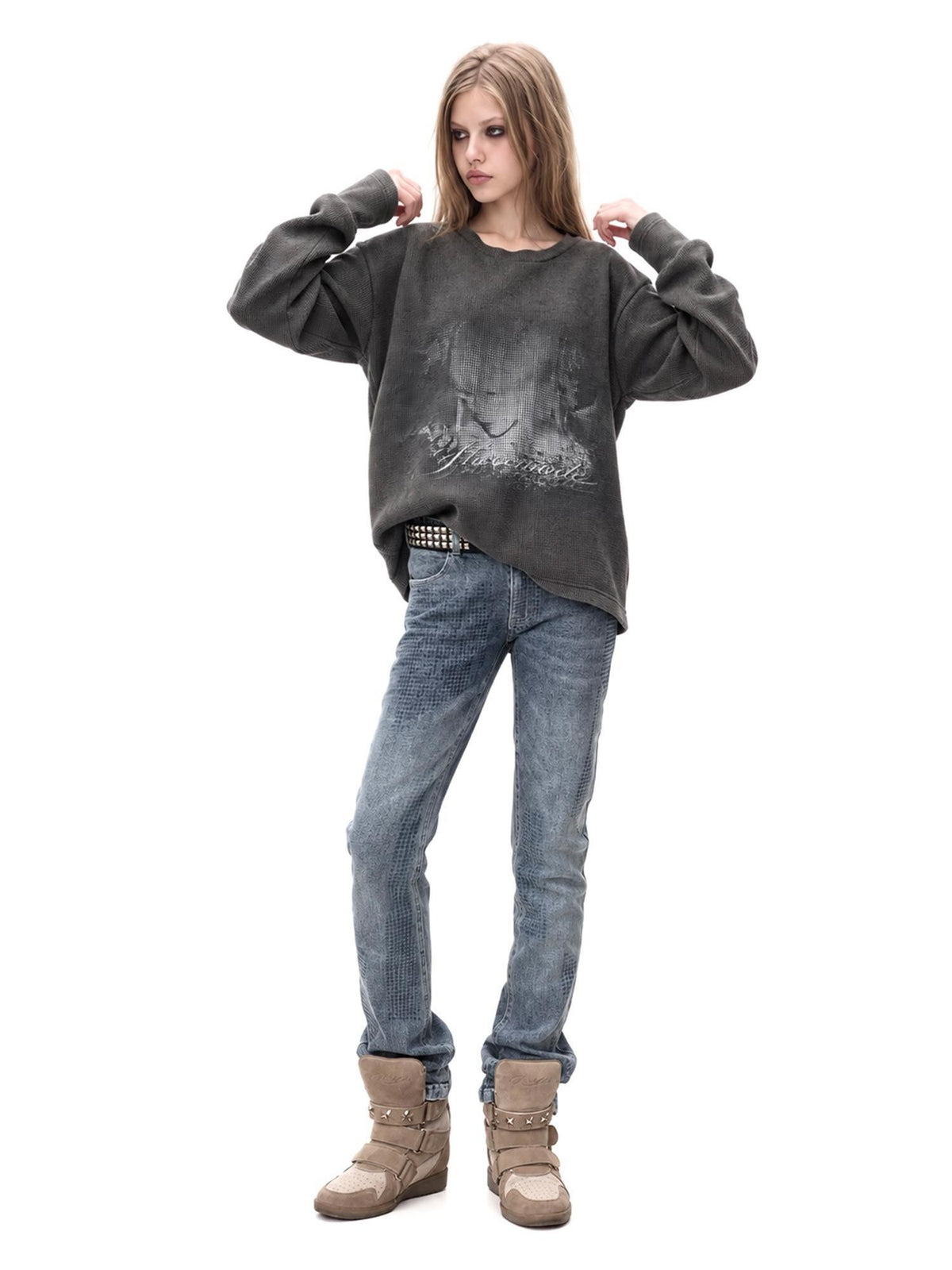 3MODE Vintage Washed Waffle Print Textured Loose Women&