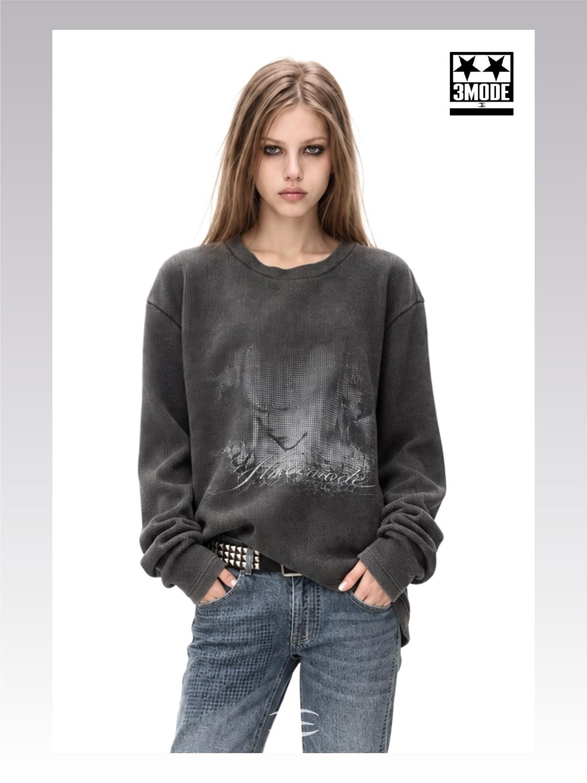 3MODE Vintage Washed Waffle Print Textured Loose Women&
