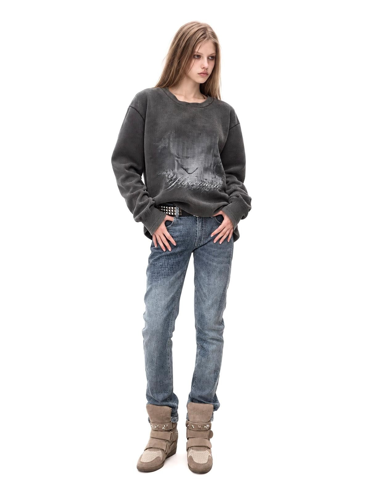 3MODE Vintage Washed Waffle Print Textured Loose Women&