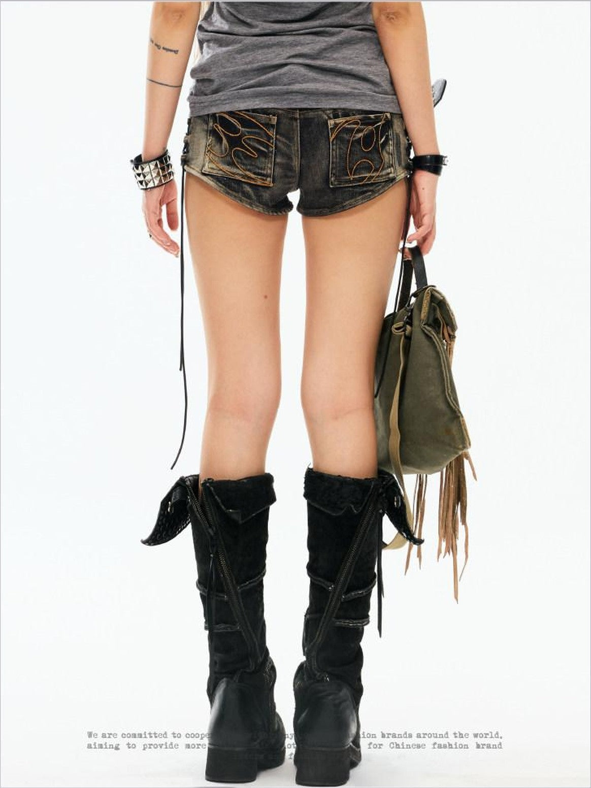 3MODE Washed Black Distressed Side Tie Ripped Low Rise Women&