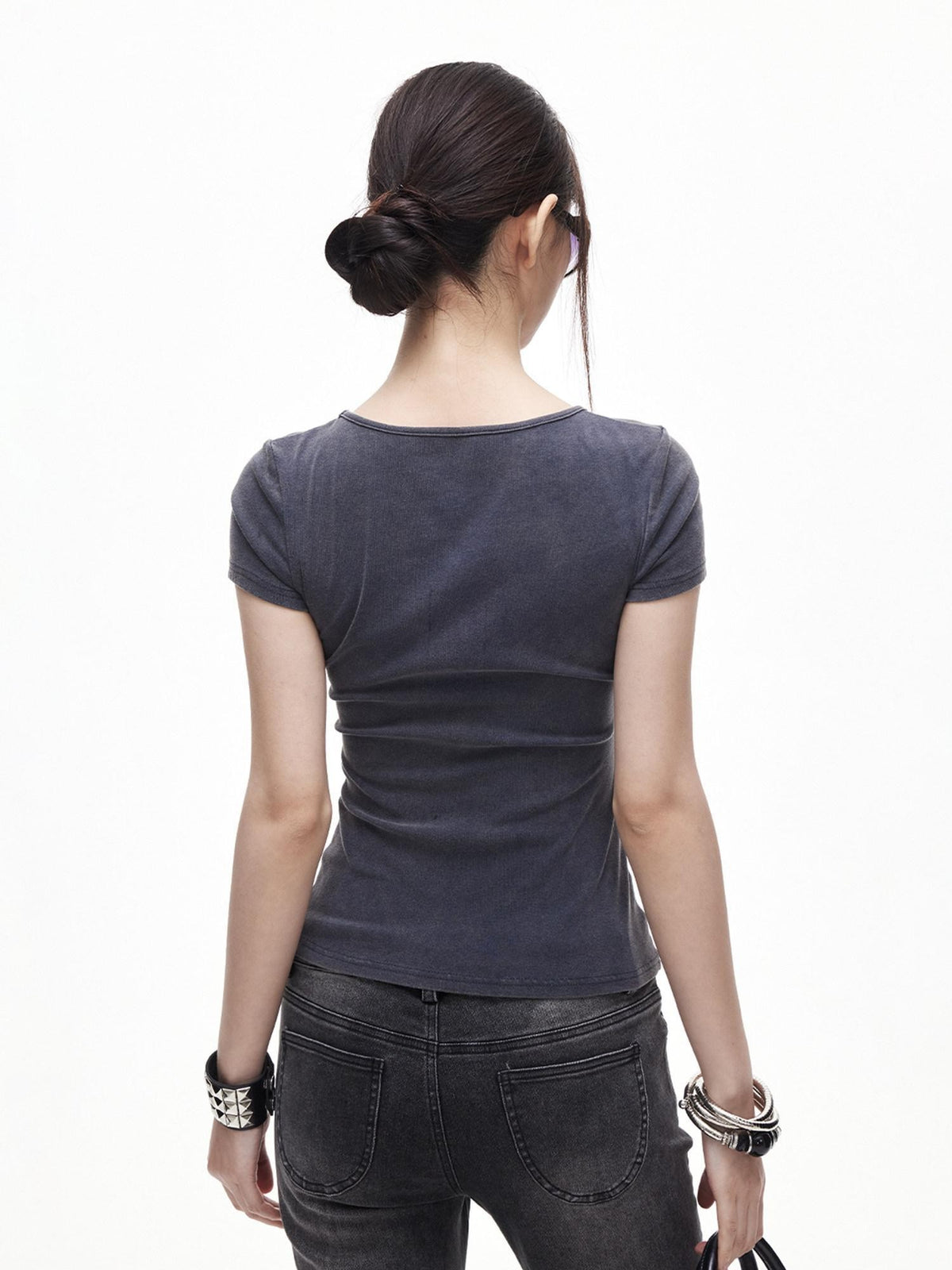 3MODE Washed Distressed Hollowout Button V-neck Women&