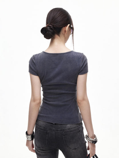 3MODE Washed Distressed Hollowout Button V-neck Women&