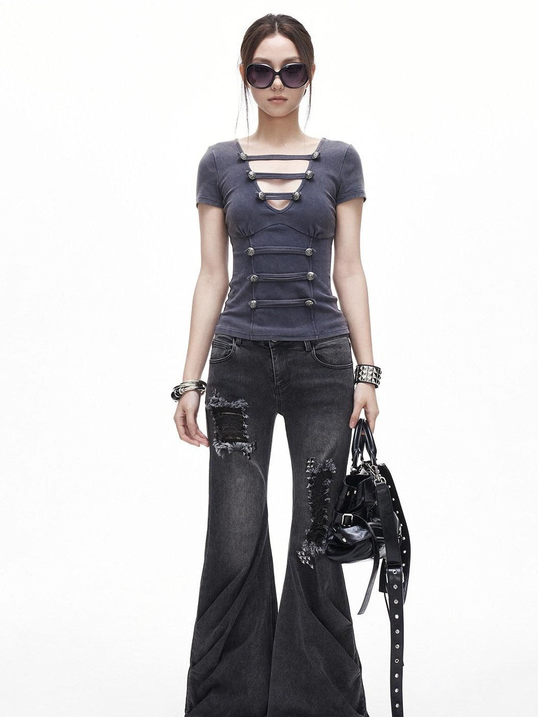 3MODE Washed Distressed Hollowout Button V-neck Women&