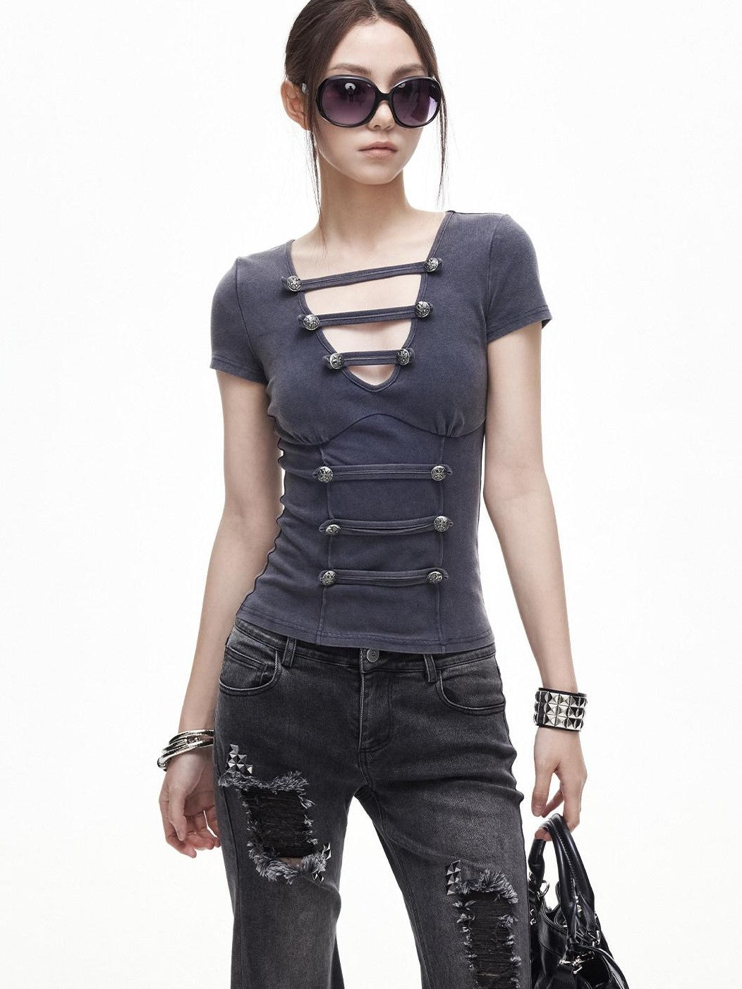 3MODE Washed Distressed Hollowout Button V-neck Women&