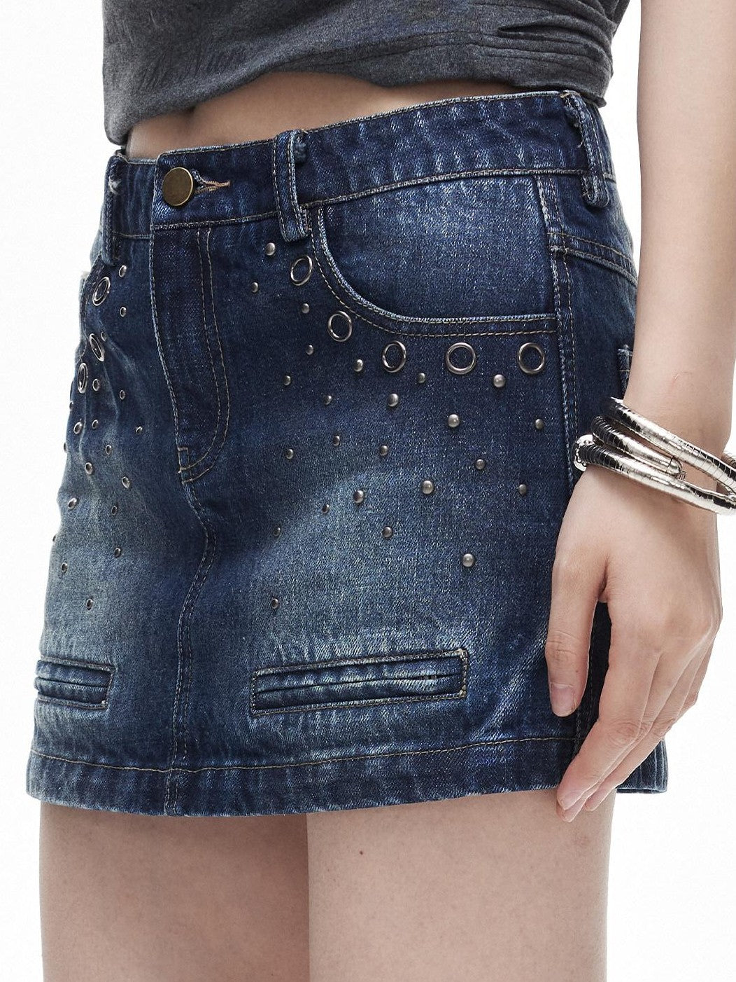 3MODE Washed Distressed Rivet Low Waist A Line Women&