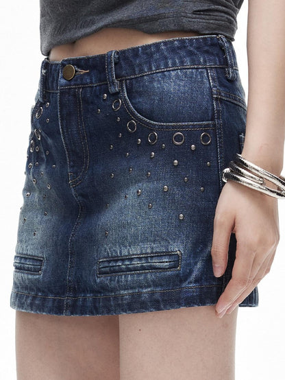 3MODE Washed Distressed Rivet Low Waist A Line Women&