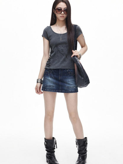 3MODE Washed Distressed Rivet Low Waist A Line Women&