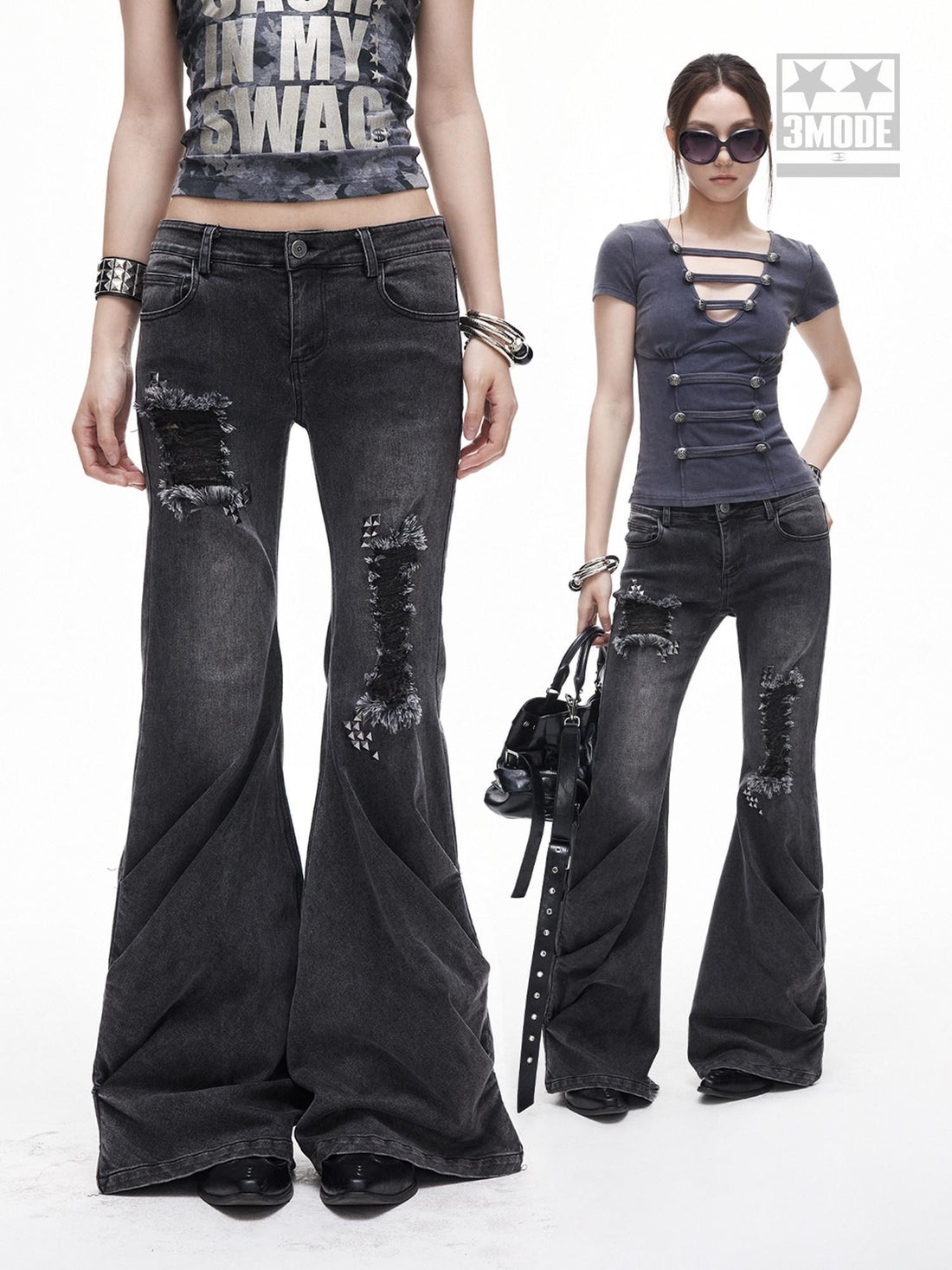 3MODE Washed Gray Ripped Low Rise Distressed Women&