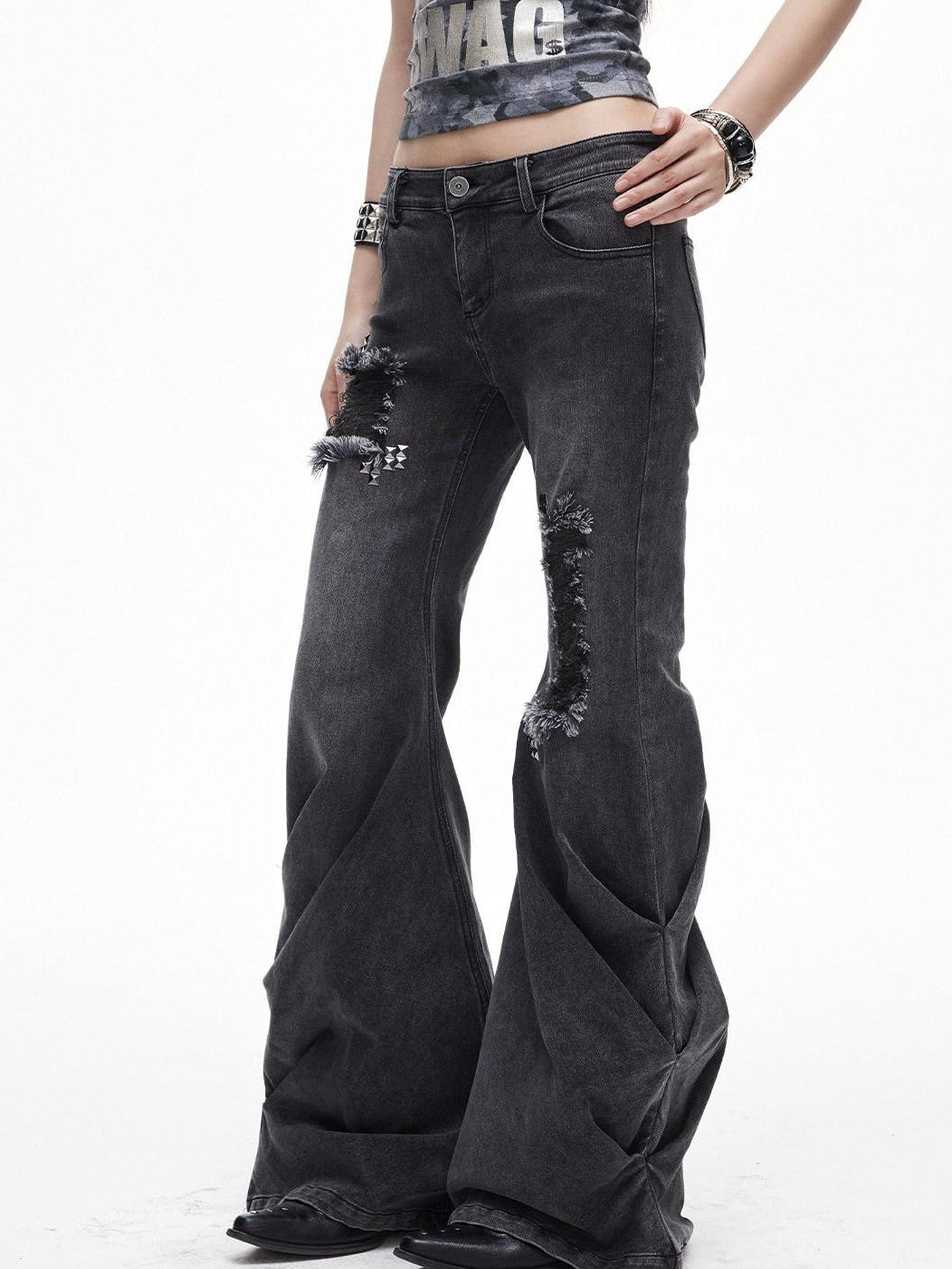 3MODE Washed Gray Ripped Low Rise Distressed Women&
