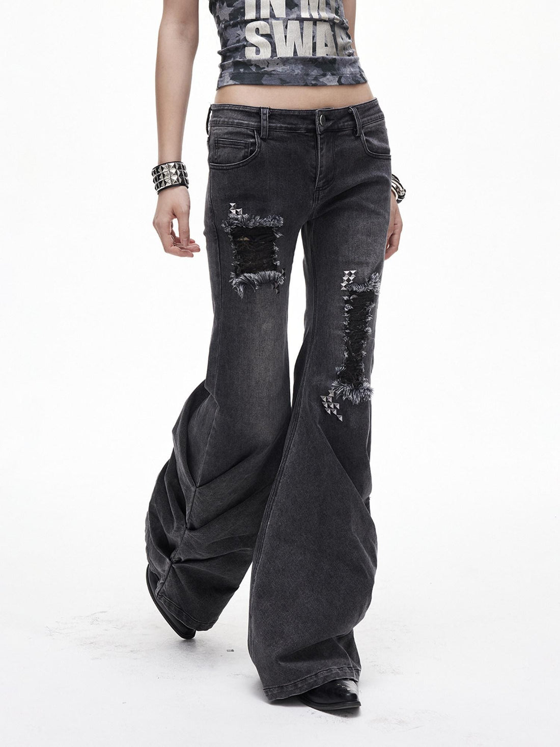 3MODE Washed Gray Ripped Low Rise Distressed Women&