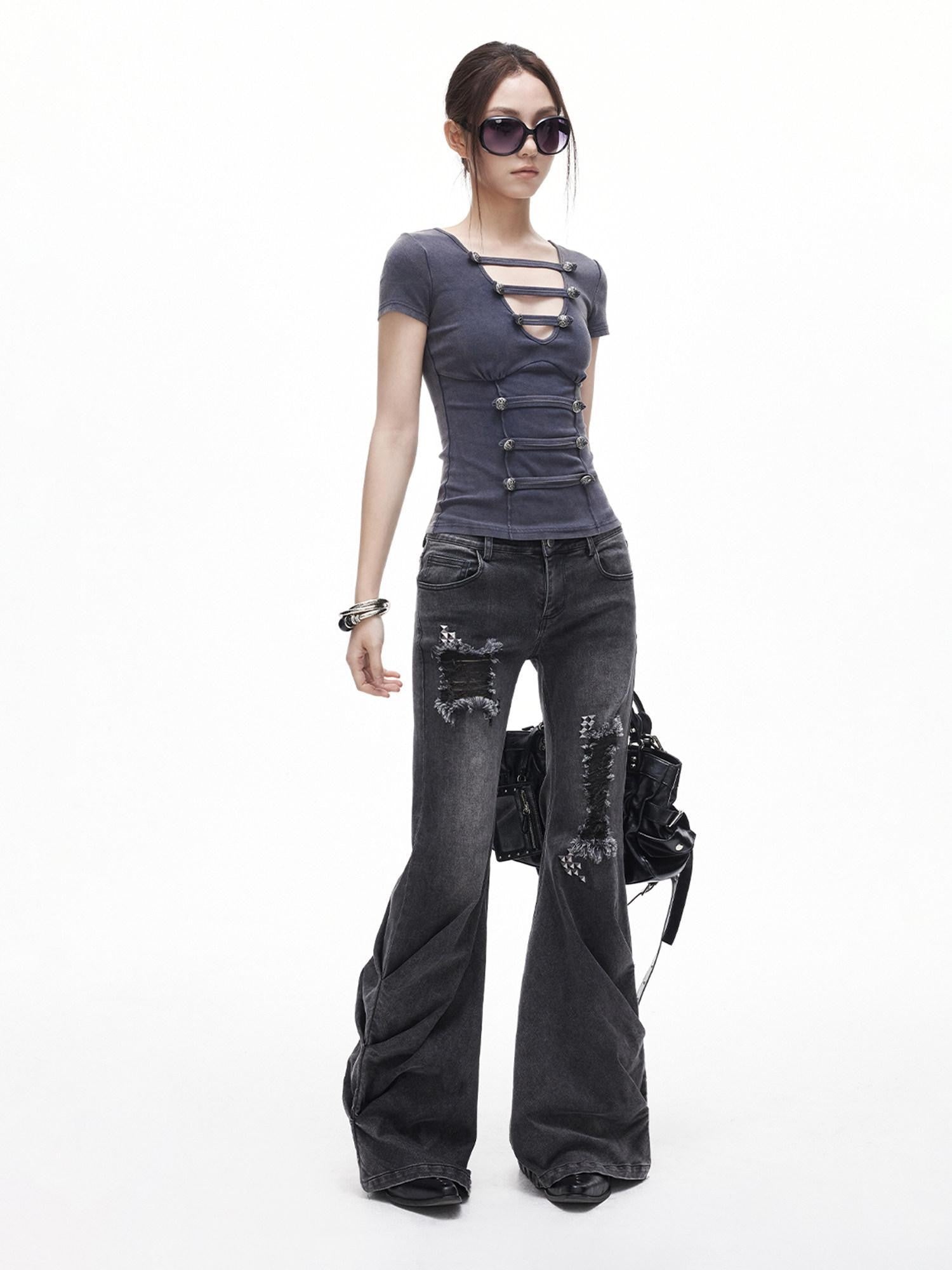 3MODE Washed Gray Ripped Low Rise Distressed Women&