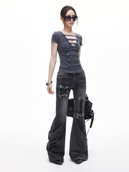 3MODE Washed Gray Ripped Low Rise Distressed Women&