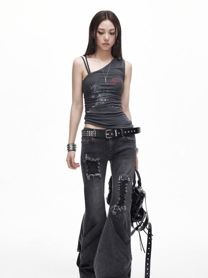 3MODE Washed Gray Ripped Low Rise Distressed Women&