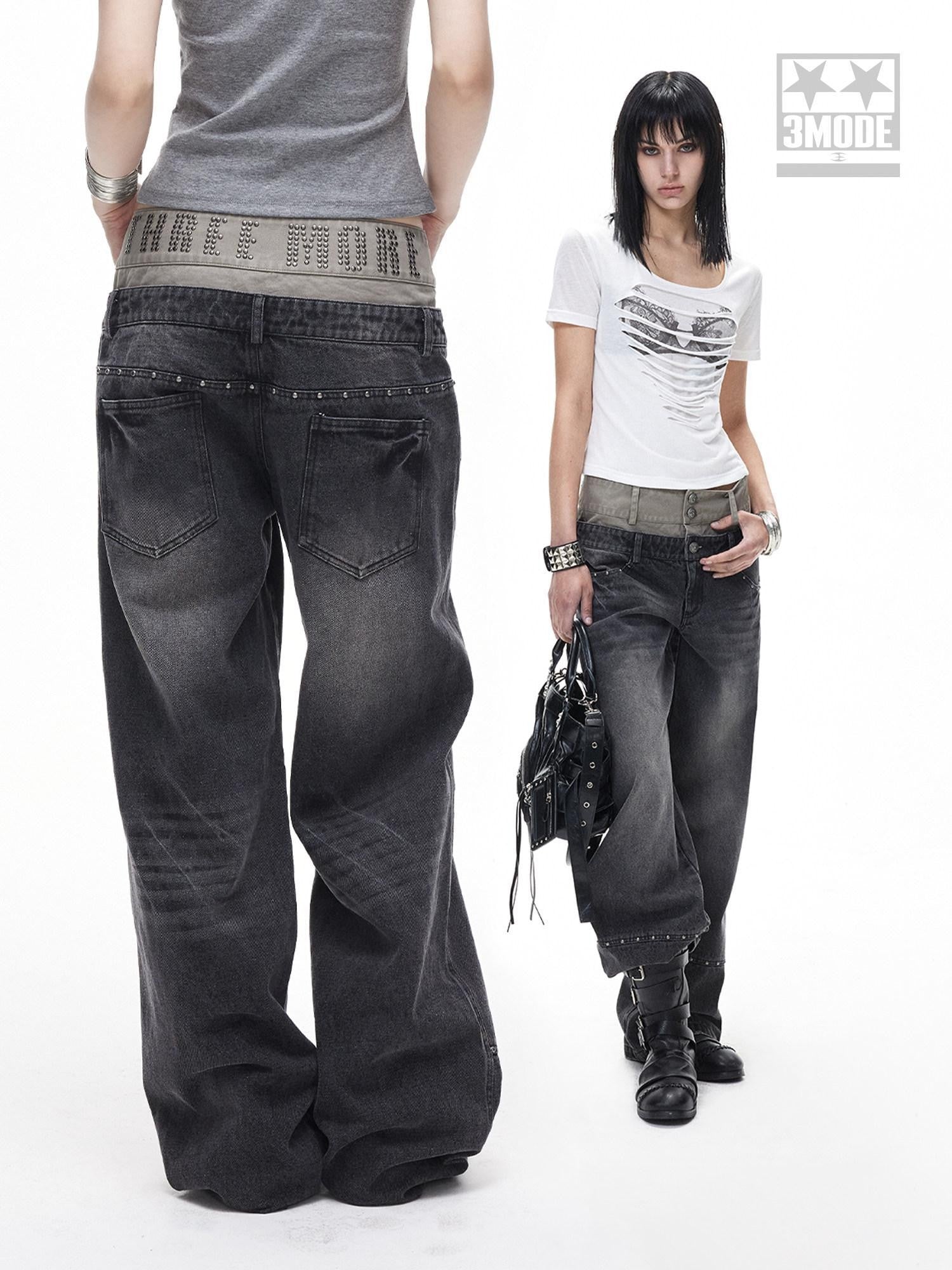 3MODE Washed Gray Riveted Double Waist Letter Print Women&