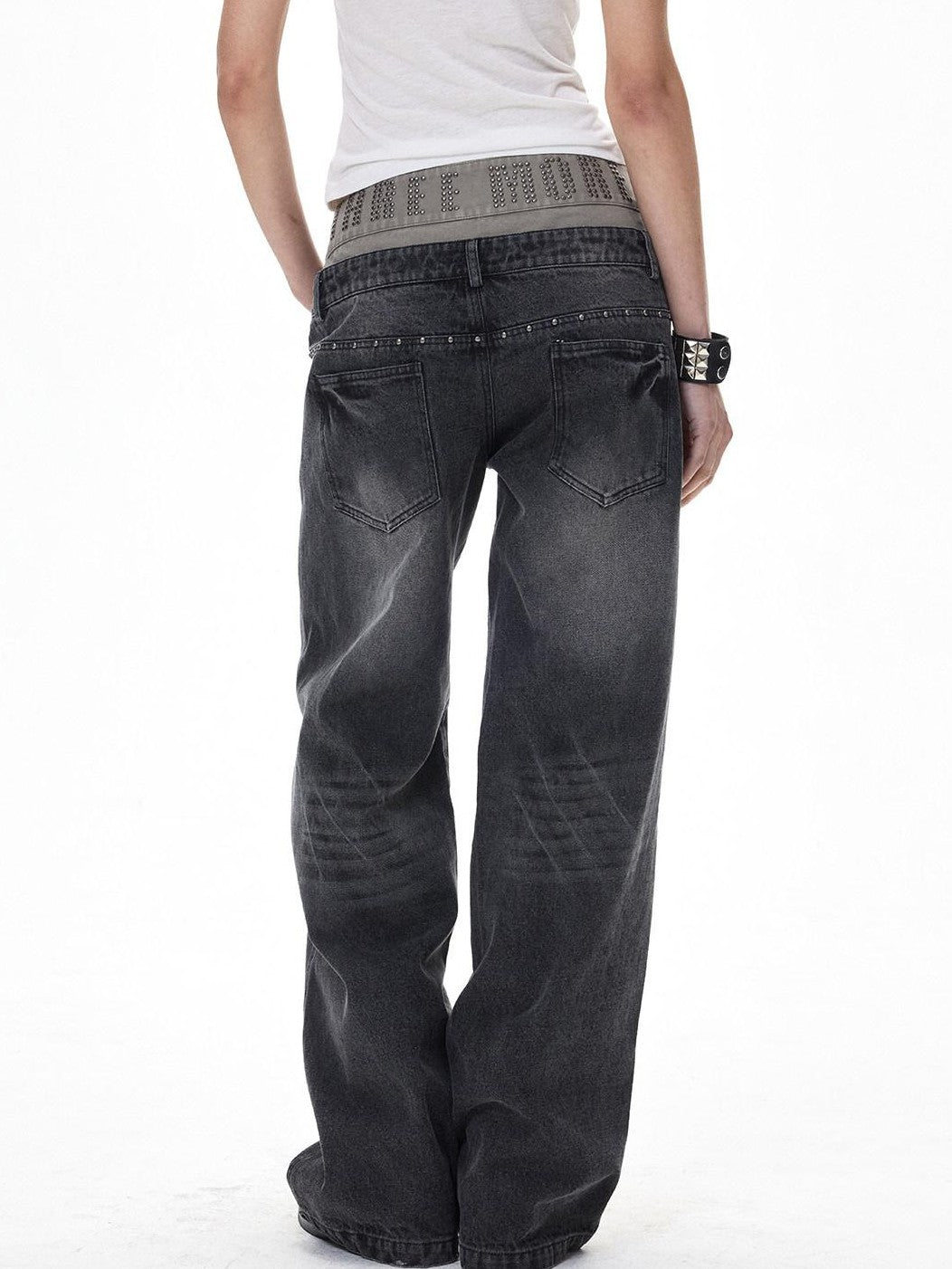 3MODE Washed Gray Riveted Double Waist Letter Print Women&