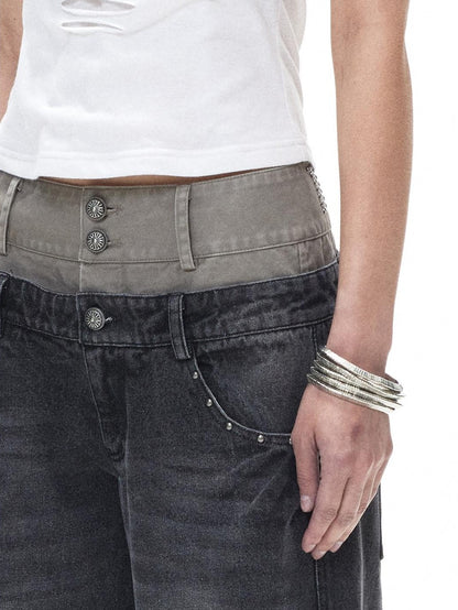 3MODE Washed Gray Riveted Double Waist Letter Print Women&