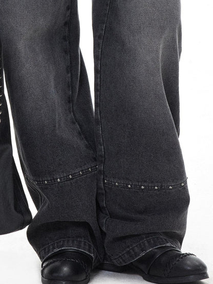 3MODE Washed Gray Riveted Double Waist Letter Print Women&