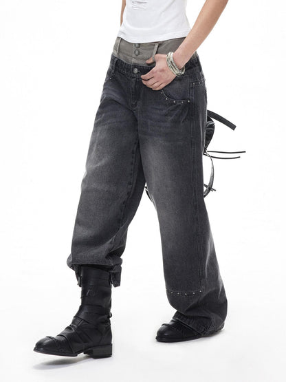 3MODE Washed Gray Riveted Double Waist Letter Print Women&