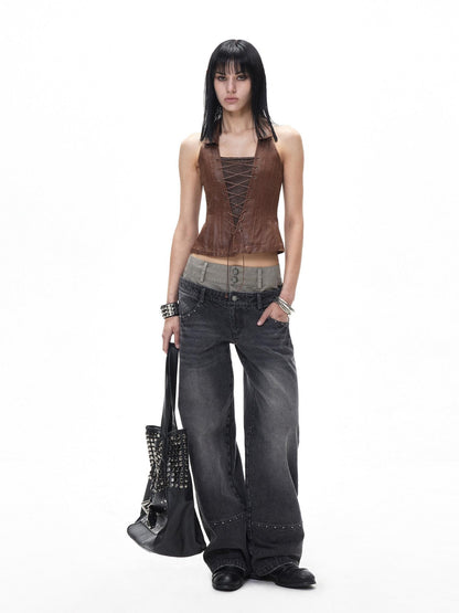 3MODE Washed Gray Riveted Double Waist Letter Print Women&