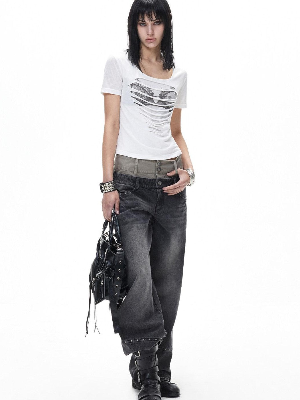 3MODE Washed Gray Riveted Double Waist Letter Print Women&