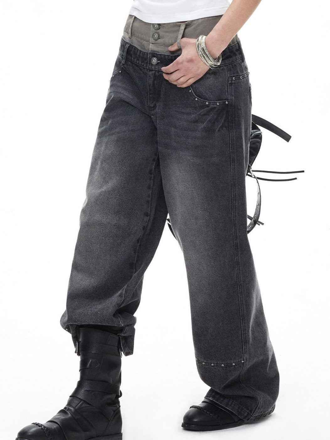 3MODE Washed Gray Riveted Double Waist Letter Print Women&