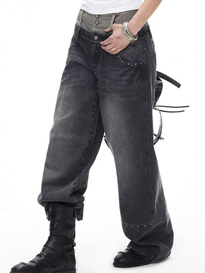 3MODE Washed Gray Riveted Double Waist Letter Print Women&