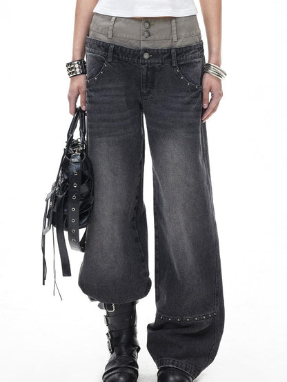 3MODE Washed Gray Riveted Double Waist Letter Print Women&