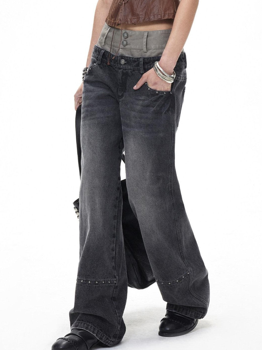 3MODE Washed Gray Riveted Double Waist Letter Print Women&