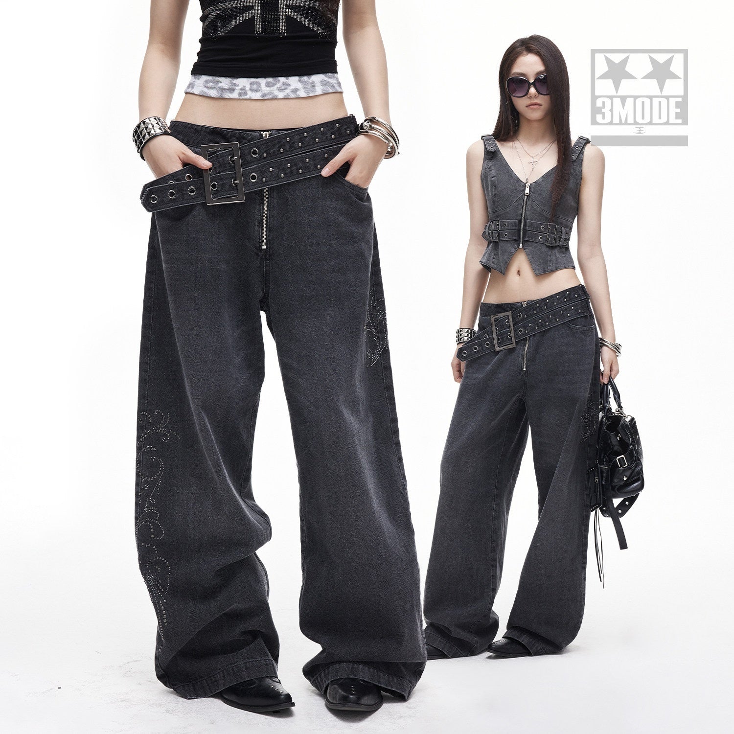 3MODE_Washed_Gray_Studded_Belt_Utility_Cargo_Women&
