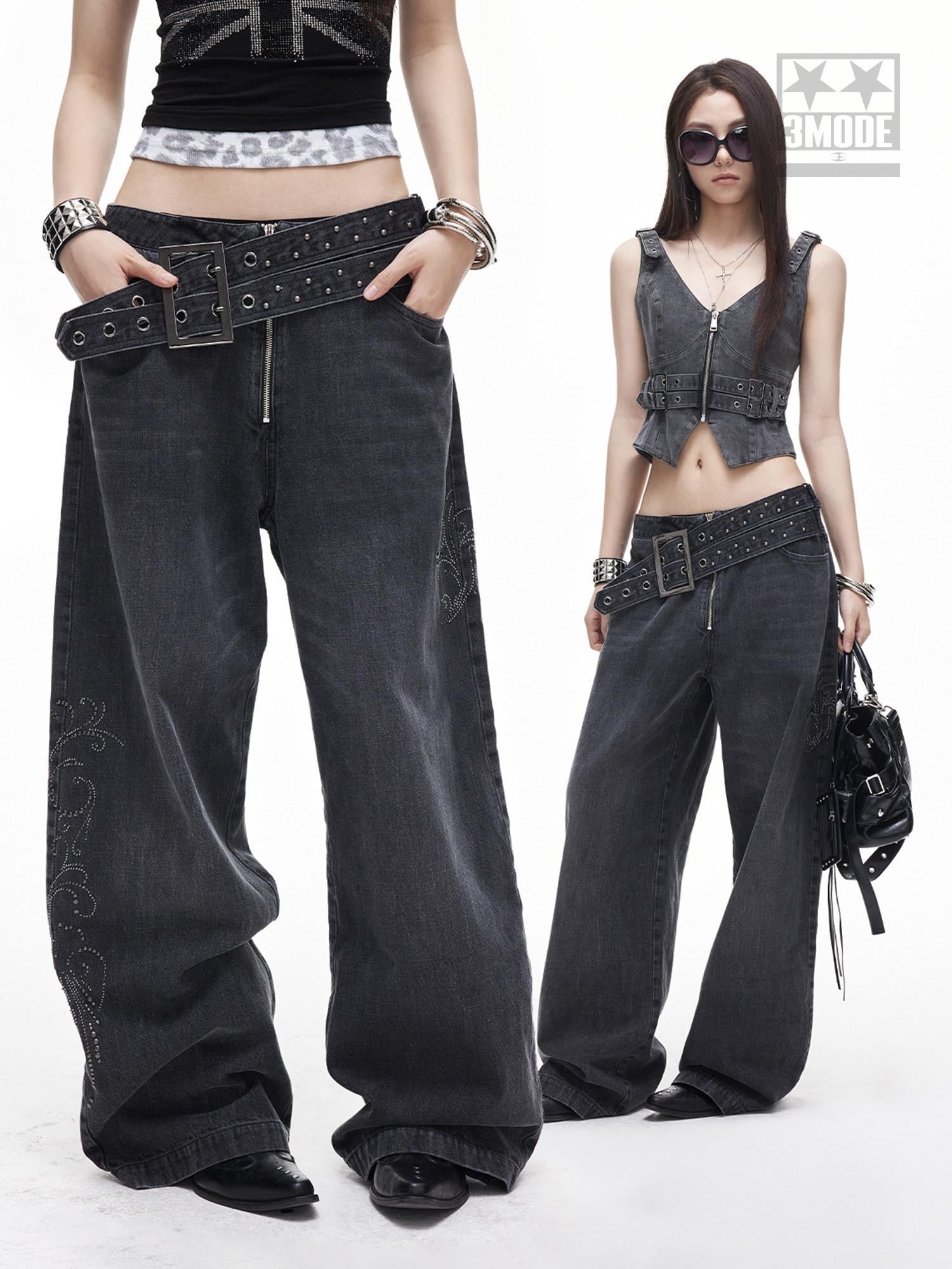 3MODE Washed Gray Studded Belt Utility Cargo Women&