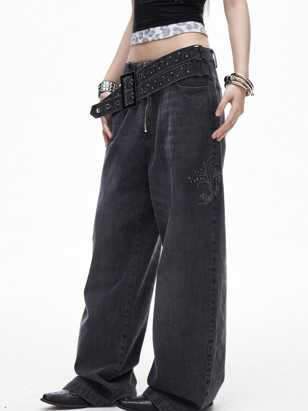 3MODE Washed Gray Studded Belt Utility Cargo Women&