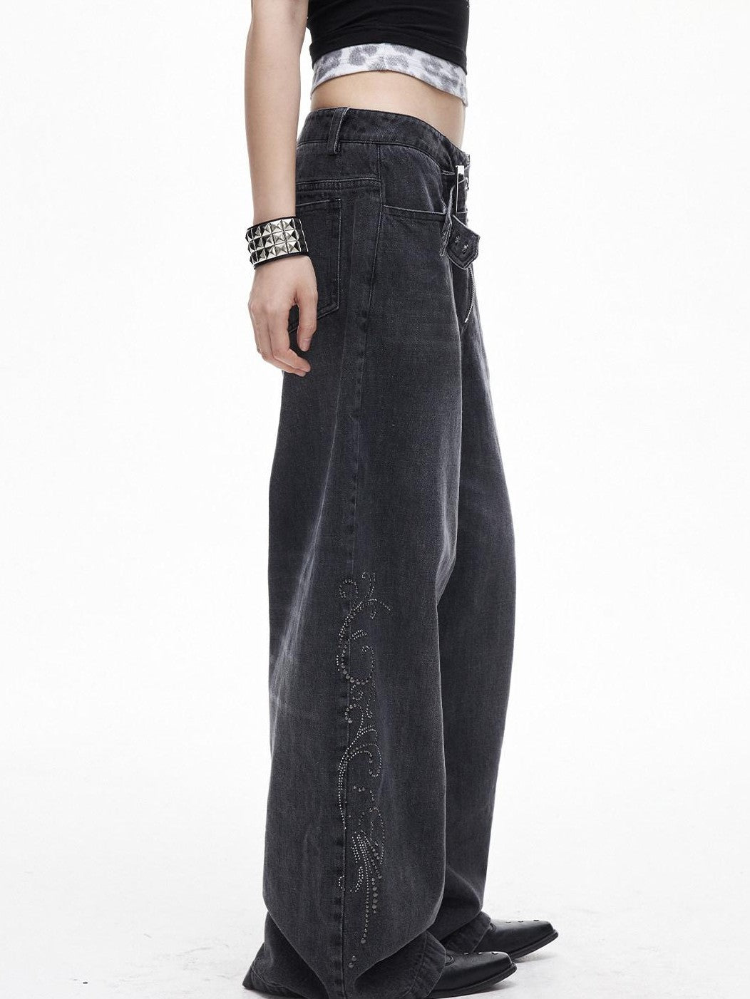 3MODE Washed Gray Studded Belt Utility Cargo Women&