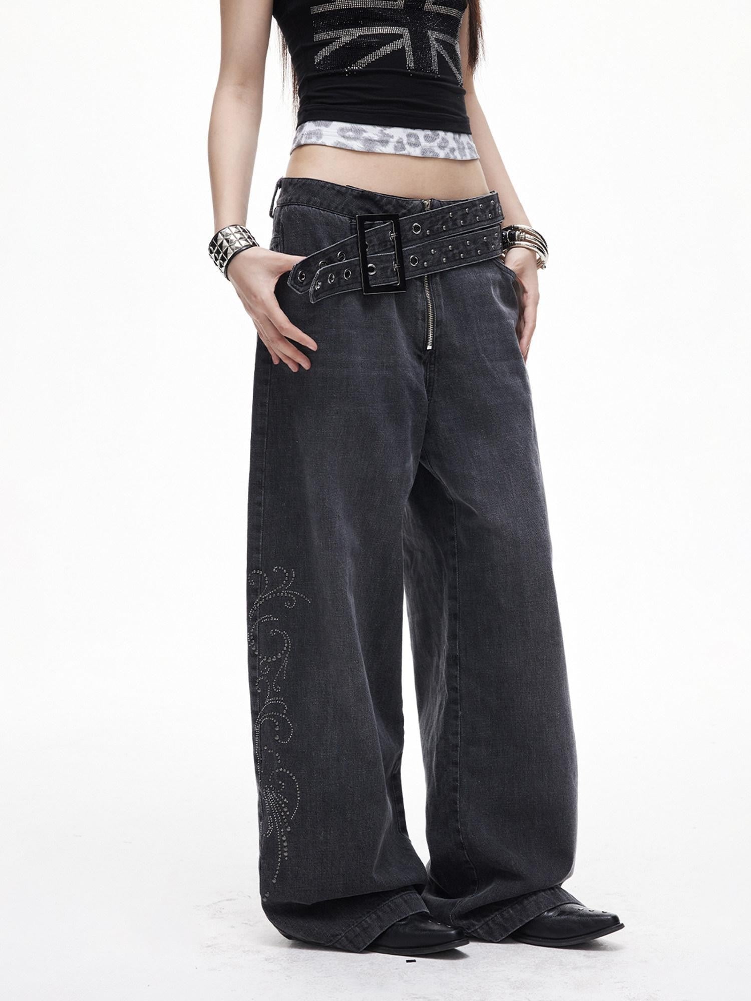 3MODE Washed Gray Studded Belt Utility Cargo Women&