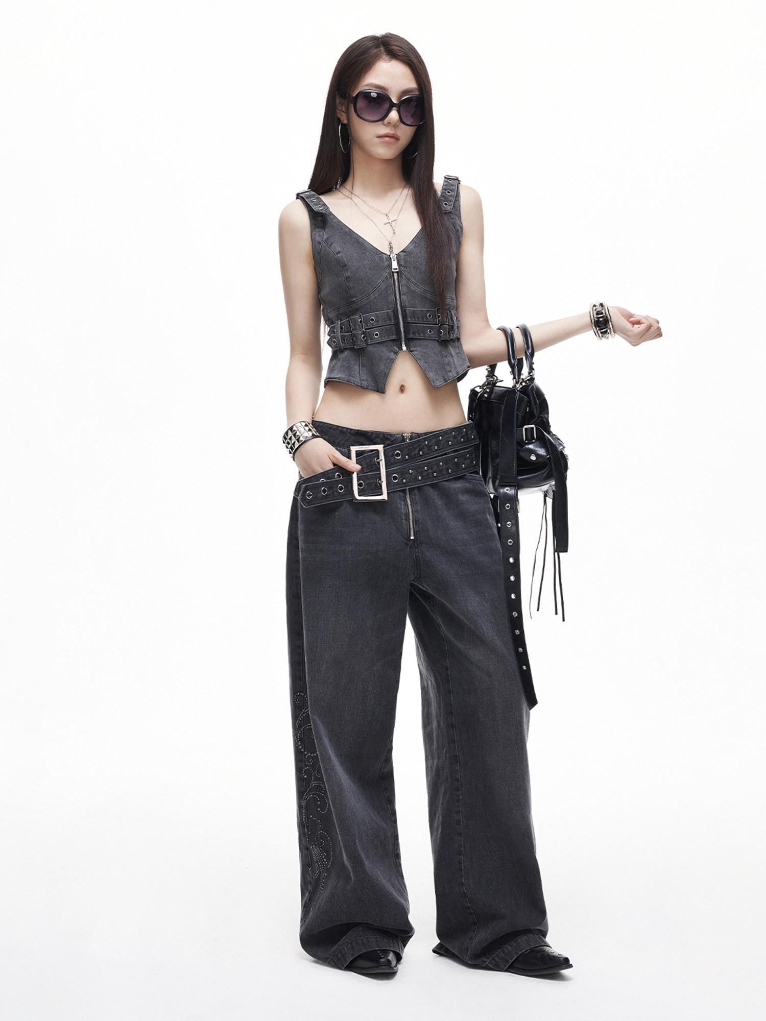 3MODE Washed Gray Studded Belt Utility Cargo Women&