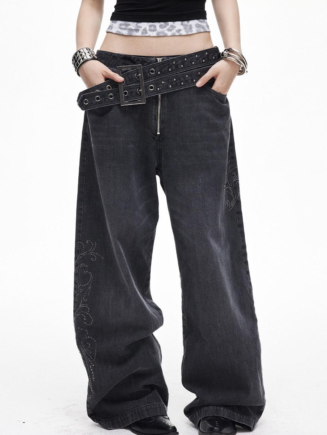 3MODE Washed Gray Studded Belt Utility Cargo Women&
