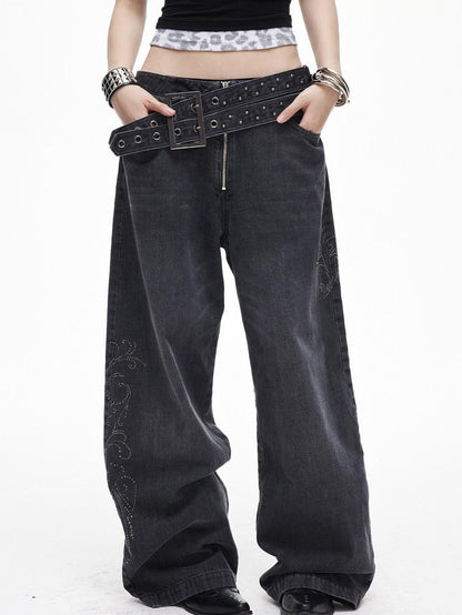 3MODE Washed Gray Studded Belt Utility Cargo Women&