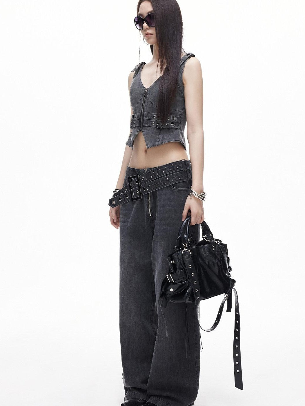 3MODE Washed Gray Studded Belt Utility Cargo Women&