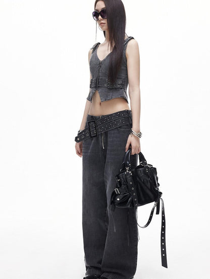 3MODE Washed Gray Studded Belt Utility Cargo Women&