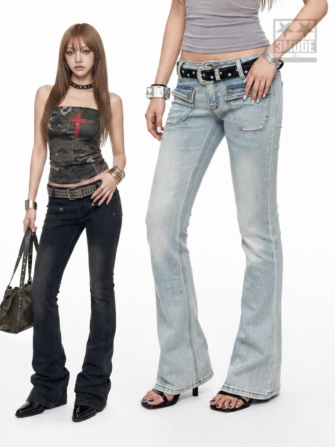 3MODE Washed Y2k Vintage Low Rise Double Pocket Women&