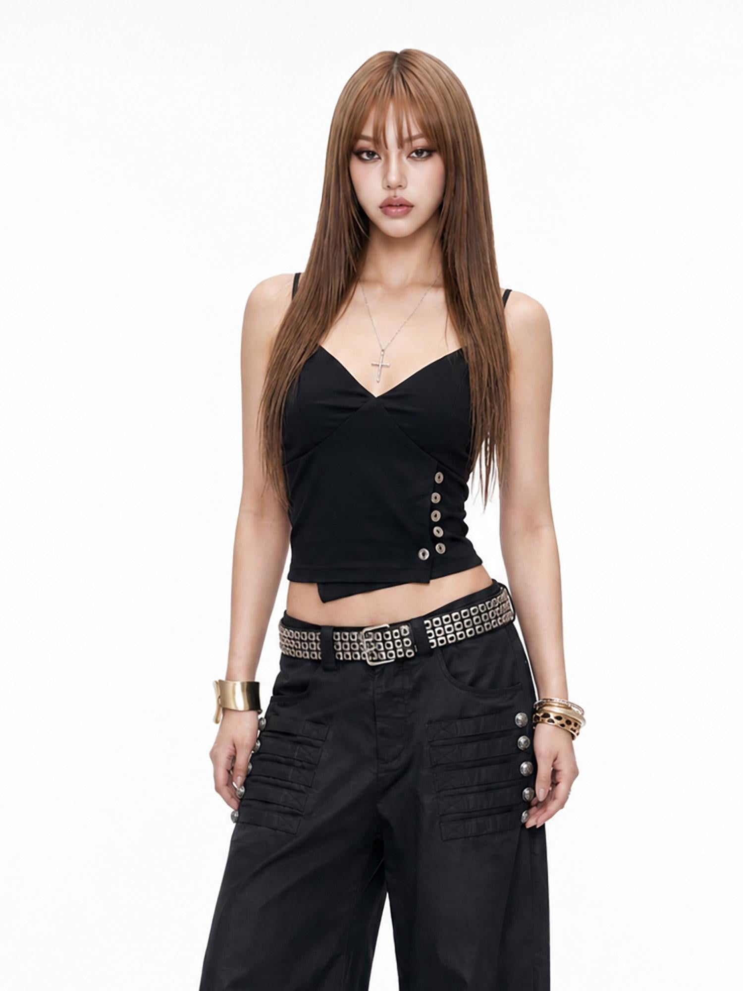 3MODE Western Side Button V-neck Cropped Slim Women&