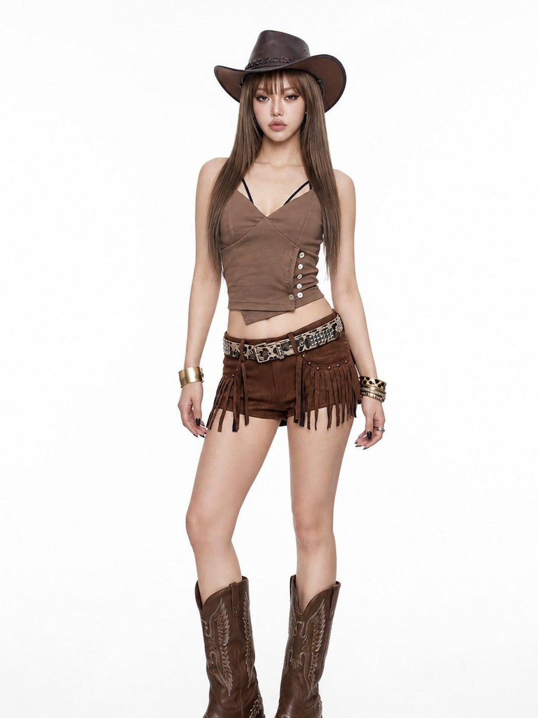 3MODE Western Side Button V-neck Cropped Slim Women&