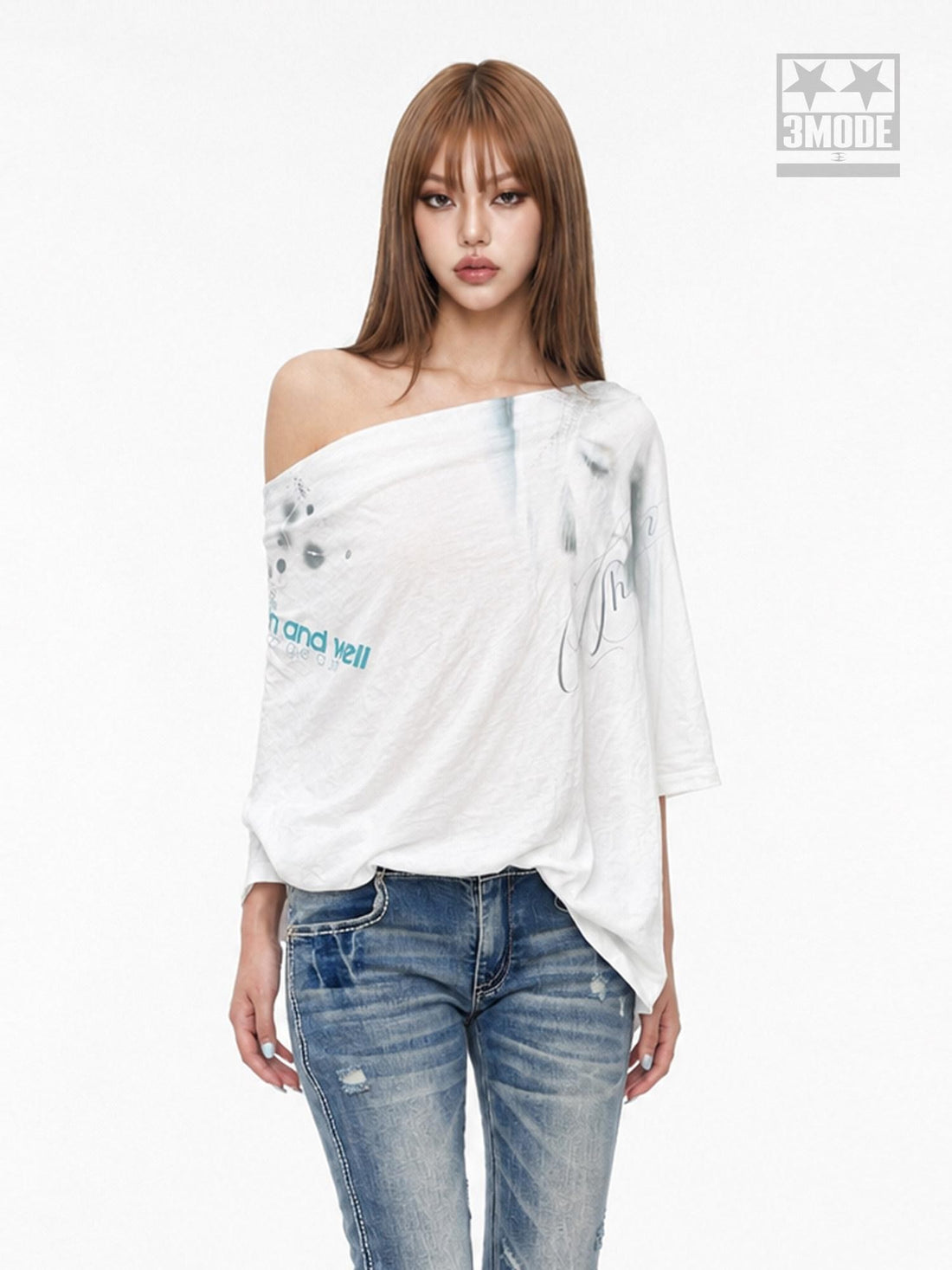 3MODE White Ink Wash Gradient Print Asymmetric Shoulder Women&